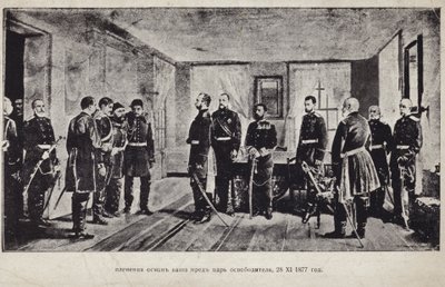 قدم عثمان باشا الأسير إلى القيصر ألكسندر الثاني بعد استسلامه في حصار بلفن ، الحرب الروسية التركية 1877-1878 بواسطة نيكولاي دميتريفيتش دميترييف أورينبورغسكي